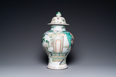 A Chinese famille verte 'Xi Xiang Ji' vase and cover, Kangxi