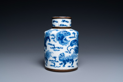 A Chinese blue and white 'Buddhist lions' tea caddy and cover, Jin Tang Fu Ji mark, Guangxu