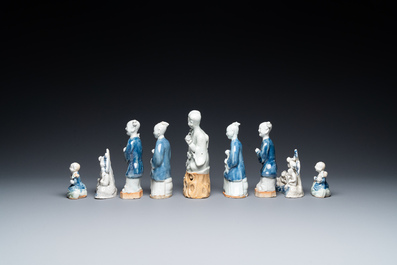 Nine Chinese blue and white and celadon-glazed groups and figures, Qianlong