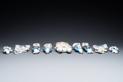Nine Chinese blue and white and celadon-glazed groups and figures, Qianlong