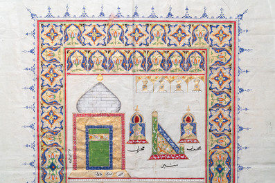 Ottomaanse school: 'Zichten op Al-Masjid al-Haram en Al-Masjid an-Nabawi', inkt en gouache met goud opgehoogd op papier, 19/20e eeuw