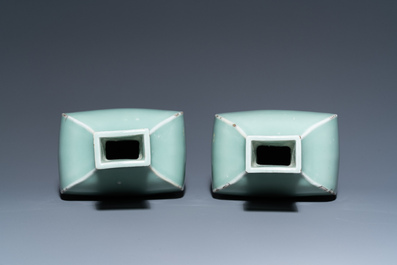 A pair of Chinese monochrome celadon vases with gilt bronze mounts, 18/19th C.