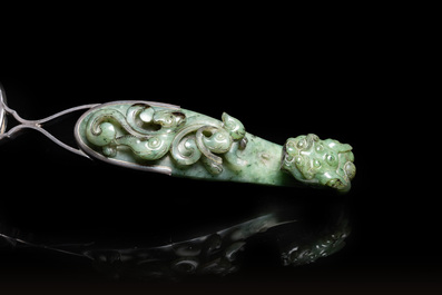 A Chinese jade belt buckle mounted as a table lighter in silver by Gump &amp; Co, Qing and 20th C.