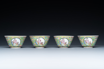 Four Chinese famille rose green-ground cups and saucers, 18/19th C.