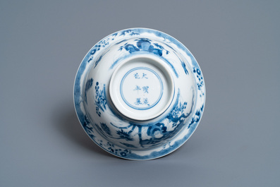 A Chinese blue and white 'twelve magpies' bowl, Chenghua mark, Kangxi