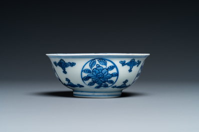A Chinese blue and white 'dragon' bowl with lanca-characters, Wanli mark and of the period