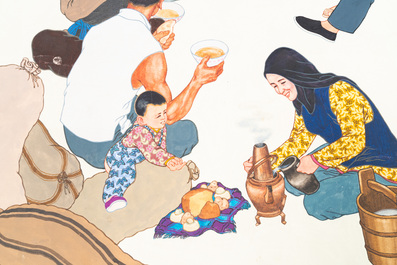 Lin Xueyan (1912-1963): &lsquo;F&ecirc;te de la moisson', encre et couleurs sur papier, dat&eacute; 1951