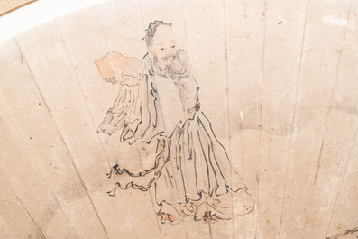 Ecole chinoise: 'Shou Lao et son servant', encre et couleurs sur feuille d'&eacute;ventail, 18/19&egrave;me