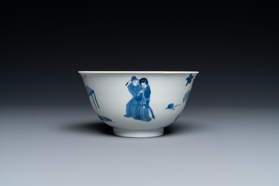 Un bol en porcelaine de Chine en bleu et blanc &agrave; d&eacute;cor de sc&egrave;nes du 'Xi Xiang Ji', Kangxi