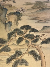 Xiao Ya: 'Paysage montagneux aux pins', encre et couleurs sur soie, 19/20&egrave;me