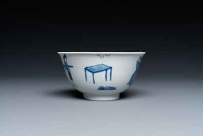 Un bol en porcelaine de Chine en bleu et blanc &agrave; d&eacute;cor de sc&egrave;nes du 'Xi Xiang Ji', Kangxi