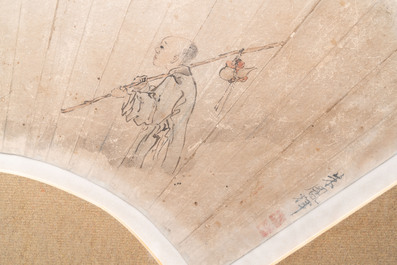 Ecole chinoise: 'Shou Lao et son servant', encre et couleurs sur feuille d'&eacute;ventail, 18/19&egrave;me