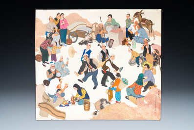 Lin Xueyan (1912-1963): &lsquo;F&ecirc;te de la moisson', encre et couleurs sur papier, dat&eacute; 1951