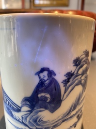 A Chinese blue and white 'bitong' brush pot with a scholar near a rock, Kangxi