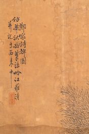 Luo Qing (1821-1899): quatre rouleaux figurant des personnages dans des paysages, encre et couleurs sur papier