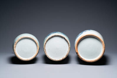 Three Chinese blue and white and celadon-ground 'Buddhist lion' vases, 19th C.