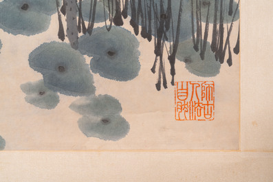 Tian Shiguang (1916-1999) en Yu Fei'an (1889-1959): 'Ijsvogel bij lotusbloemen', inkt en kleur op papier, gedat. 1946