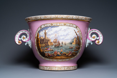 A large German porcelain jardini&egrave;re with a harbour scene and a merrrymaking scene, probably Dresden, 19th C.
