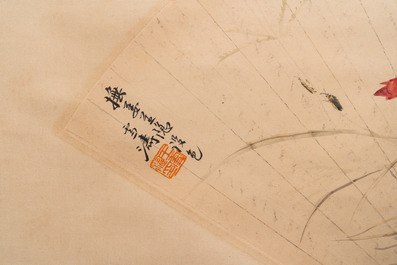 Wang Xuetao (1903-1982): 'Insecten op planten', inkt en kleur op papier voor een waaier