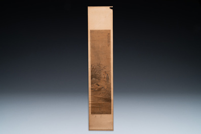 Luo Qing (1821-1899): quatre rouleaux figurant des personnages dans des paysages, encre et couleurs sur papier