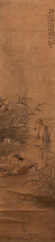 Luo Qing (1821-1899): vier scrolls met figuren in landschappen, inkt en kleur op papier
