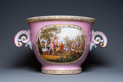 A large German porcelain jardini&egrave;re with a harbour scene and a merrrymaking scene, probably Dresden, 19th C.