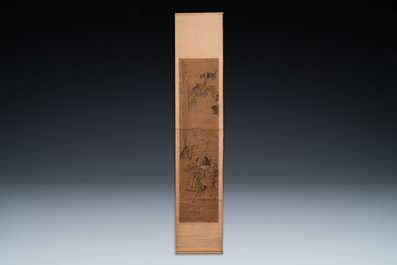 Luo Qing (1821-1899): quatre rouleaux figurant des personnages dans des paysages, encre et couleurs sur papier