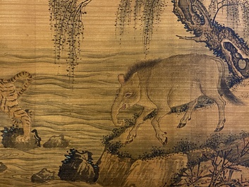 Ding Gao (? - 1761): &lsquo;Paysage aux animaux mythiques&rsquo;, encre et couleurs sur soie