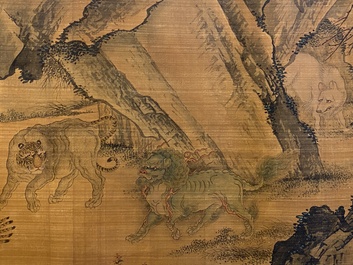 Ding Gao (? - 1761): &lsquo;Landschap met mythische dieren', inkt en kleur op zijde