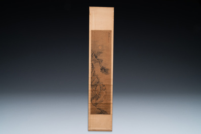 Luo Qing (1821-1899): quatre rouleaux figurant des personnages dans des paysages, encre et couleurs sur papier