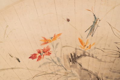 Wang Xuetao (1903-1982): 'Insecten op planten', inkt en kleur op papier voor een waaier