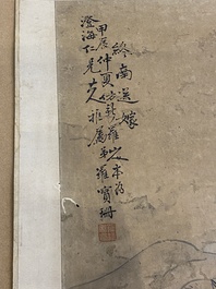 Luo Qing (1821-1899): quatre rouleaux figurant des personnages dans des paysages, encre et couleurs sur papier