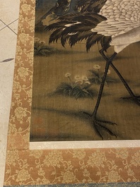 Chinese school: 'Kraanvogels, dennenbomen en pioenen', inkt en kleur op zijde, Qianlong