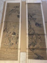 Luo Qing (1821-1899): quatre rouleaux figurant des personnages dans des paysages, encre et couleurs sur papier