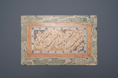 Ecole persane: un panneau de calligraphie enlumin&eacute; d'apr&egrave;s Mir Emad Hessani, encre, gouache et dorure sur papier, mont&eacute; sur carton, 19&egrave;me