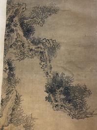 Luo Qing (1821-1899): quatre rouleaux figurant des personnages dans des paysages, encre et couleurs sur papier