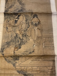 Luo Qing (1821-1899): quatre rouleaux figurant des personnages dans des paysages, encre et couleurs sur papier