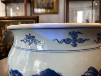 A Chinese blue and white 'mountainous landscape' censer, Kangxi