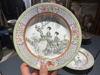 A pair of Chinese famille rose eggshell plates with fine grisaille and gilt designs, Yongzheng mark and of the period