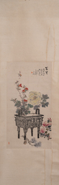 Wang Xuetao (1903-1982): 'Ding wierookbrander met bloemen', inkt en kleur op papier