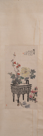 Wang Xuetao (1903-1982): 'Br&ucirc;le-parfum de type ding et fleurs', encre et couleurs sur papier