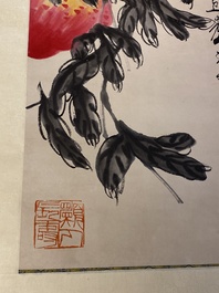 Ecole chinoise, d'apr&egrave;s et avec la signature de Qi Baishi (1864 - 1957): 'P&ecirc;ches', encre et couleurs sur papier