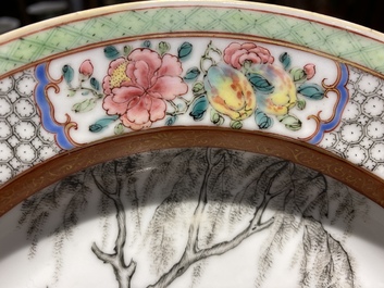 A pair of Chinese famille rose eggshell plates with fine grisaille and gilt designs, Yongzheng mark and of the period