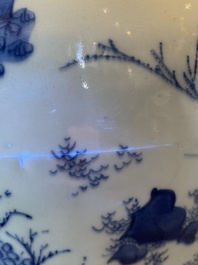 A Chinese blue and white covered jar with a narrative scene, Transitional period