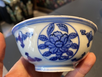 A Chinese blue and white 'dragon' bowl with lanca-characters, Wanli mark and of the period