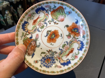 A Chinese famille rose 'Pompadour' cup and saucer, Yongzheng/Qianlong