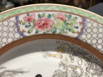 A pair of Chinese famille rose eggshell plates with fine grisaille and gilt designs, Yongzheng mark and of the period