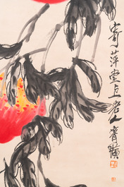 Chinese school, naar en met de signatuur van Qi Baishi (1864 - 1957): 'Perziken', inkt en kleur op papier