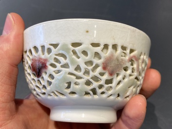 A Chinese reticulated double-walled cup with copper-red and celadon spots, Yongzheng