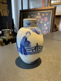 A Chinese blue and white tea caddy and cover, Kangxi